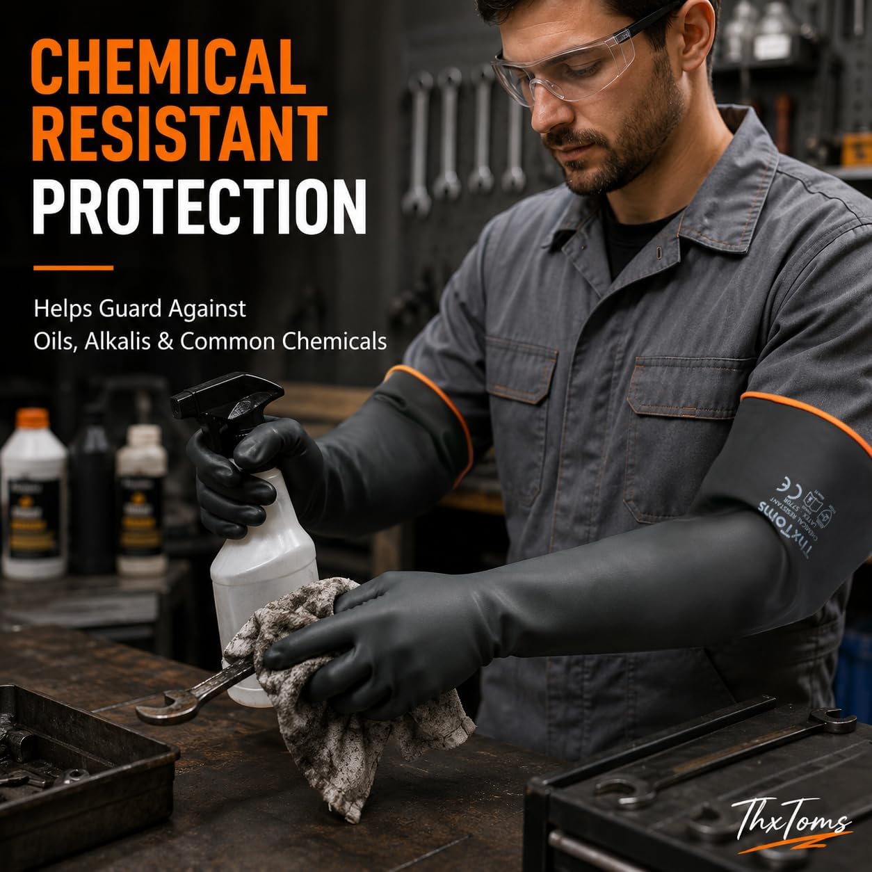 ThxToms Heavy Duty Latex Gloves,Long Rubber Gloves, Chemical Resistant Gloves,Puncture Resistant, Resist Acid,Oil,Alkali, Waterproof for Industrial Cleaning, Gardening, 22", 1 Pair