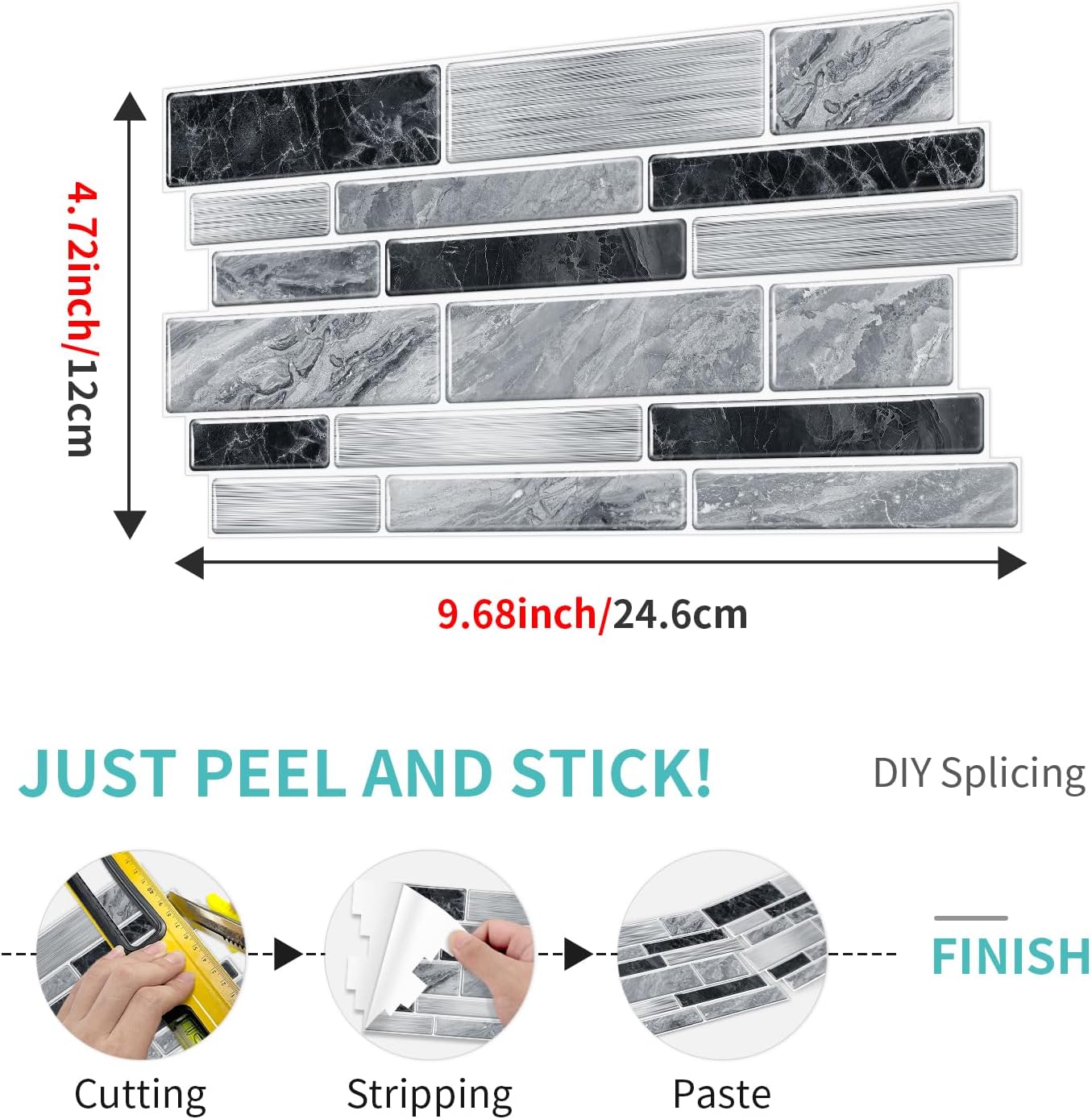 36 Sheets of Self Adhesive Marble Tile Wall Tiles Vinyl Sticker | 9.68 x 4.72in Water Resistant, Easy to Stick and Peel off, Suitable for DIY Decoration on Ceilings and Walls (Black)