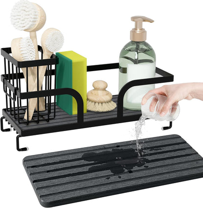 Sponge Holder for Kitchen Sink,Sink Caddy Organizer With Stone Drying Tray, Stainless Steel Kitchen Countertop Organizer for Sponge Soap Dispenser Black