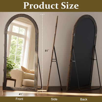 XRAMFY Full Length Mirror 65" x 22", Arched Large Floor Mirror with Solid Wood Frame, Freestanding & Wall Mounted, Antique Brown Finish for Bedroom Living Room