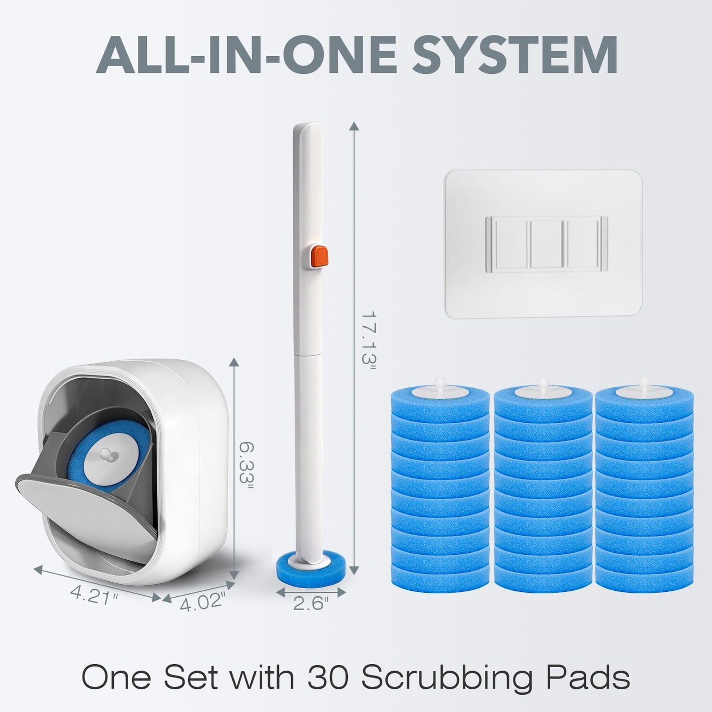 Disposable Toilet Brush & Wand Starter Kit, Wall-Mounted Auto-Closing Caddy with 30 Refills, Deep Cleaning System with Pre-Loaded Scrubber for Rust & Hard Water, Mess-Free Modern Design