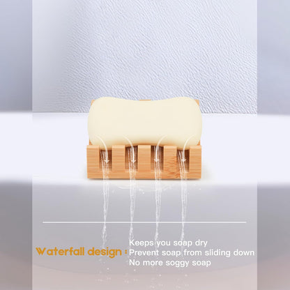 Shampoo Bar and Sponge Holders for Shower – Self-Draining Bamboo Soap Dish Tray, 2 Pack Wooden Soap Saver Racks for Conditioner Bars, Razor, Sink, Bathroom, Kitchen, or Travel