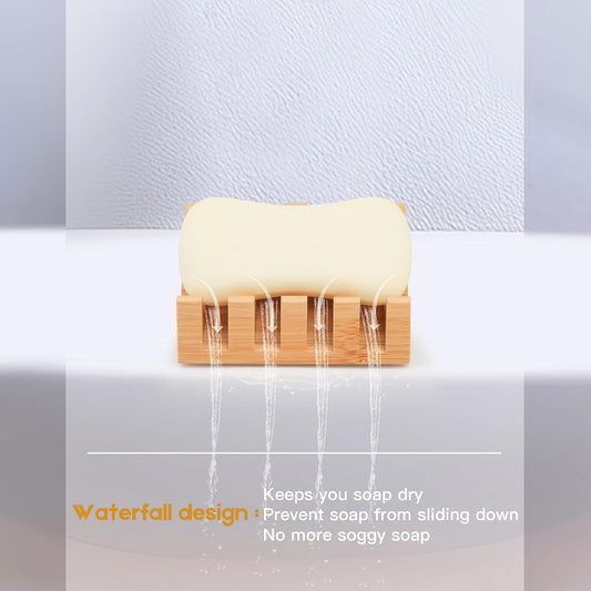 Shampoo Bar and Sponge Holders for Shower – Self-Draining Bamboo Soap Dish Tray, 2 Pack Wooden Soap Saver Racks for Conditioner Bars, Razor, Sink, Bathroom, Kitchen, or Travel
