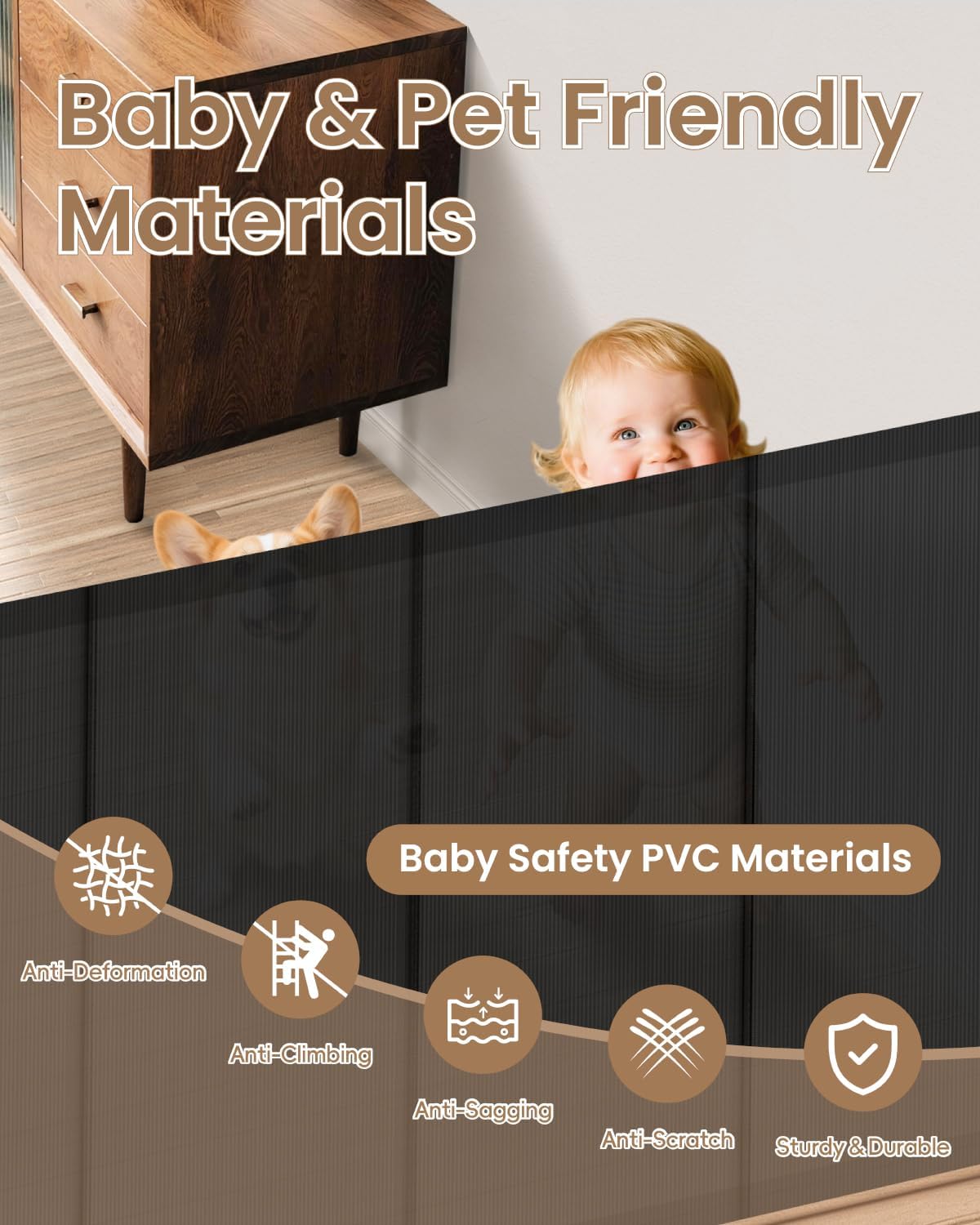 Retractable Baby Gate, 55" Wide Reinforced Mesh Baby Gate with 4 Fiberglass Support Rods for a Tighter Fit, 34" Tall Retractable Dog Gate for Stairways, Hallways and Doorways, Black