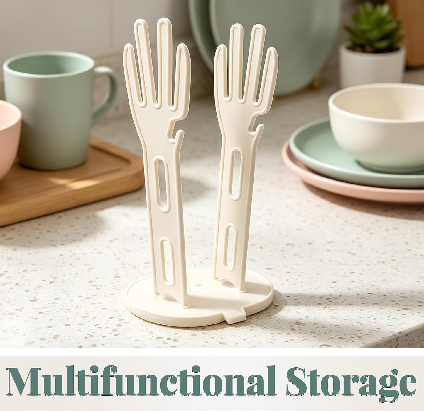 2pcs Kitchen Glove Holder: Reusable Mitten Dryer - Dish Towel Drying Rack - Plastic Palm-Shaped Stand with Side Hook Suction Base for Dishwashing Sink Organizer