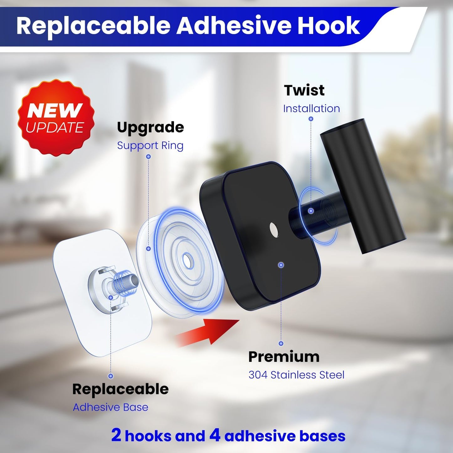 Aikzik Silver Replaceable Adhesive Hooks Heavy Duty, Stainless Steel Towel Hooks for Bathrooms & Shower-Tiles, Glass Door, Wall Hooks for Walls No Damage, Towel Holder Sticky Hooks for Hanging- 2 Pack