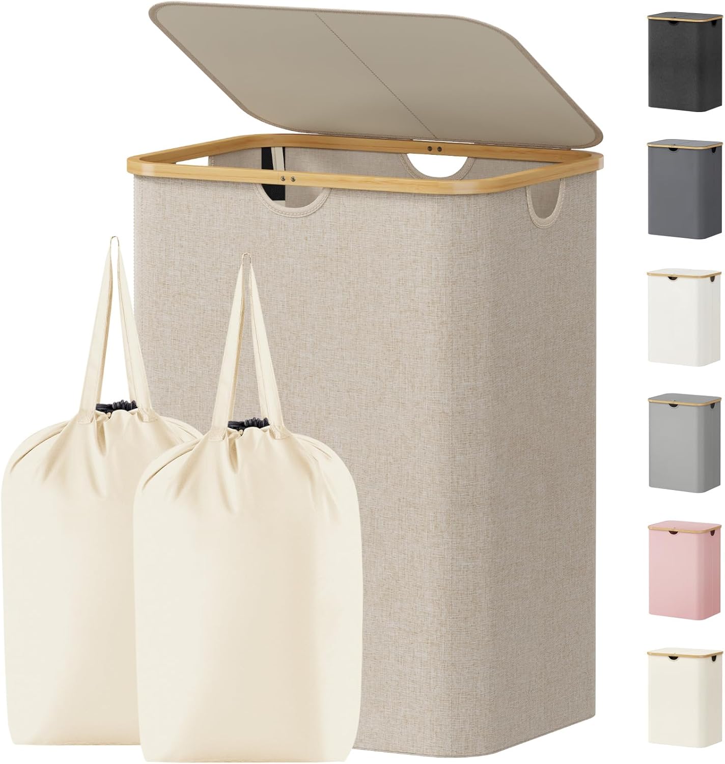 Lifewit 120L Laundry Basket with Lid, Clothes Hampers for Laundry with Bamboo Handles and 2 Removable Bag, Large Foldable Laundry Hamper for Bedroom, Bathroom, Dorm, Laundry Room, Beige