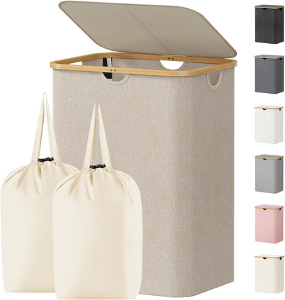 Lifewit 120L Laundry Basket with Lid, Clothes Hampers for Laundry with Bamboo Handles and 2 Removable Bag, Large Foldable Laundry Hamper for Bedroom, Bathroom, Dorm, Laundry Room, Beige