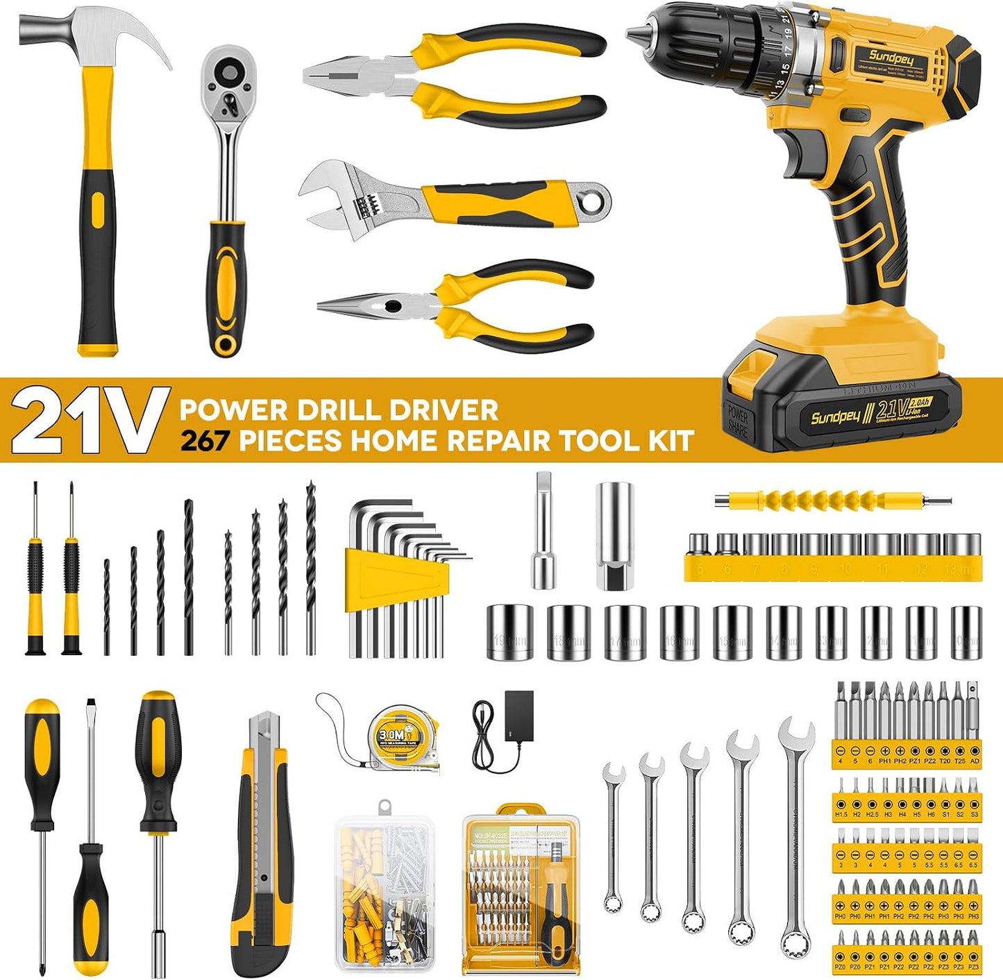 Sundpey 267-Piece Tool Kit with Drill - Basic General Home Complete Repair Portable Tool Set with 21V Cordless Drill & 2.0Ah Battery & Charger in Drawer Storage Toolbox for Apartment Office Garage