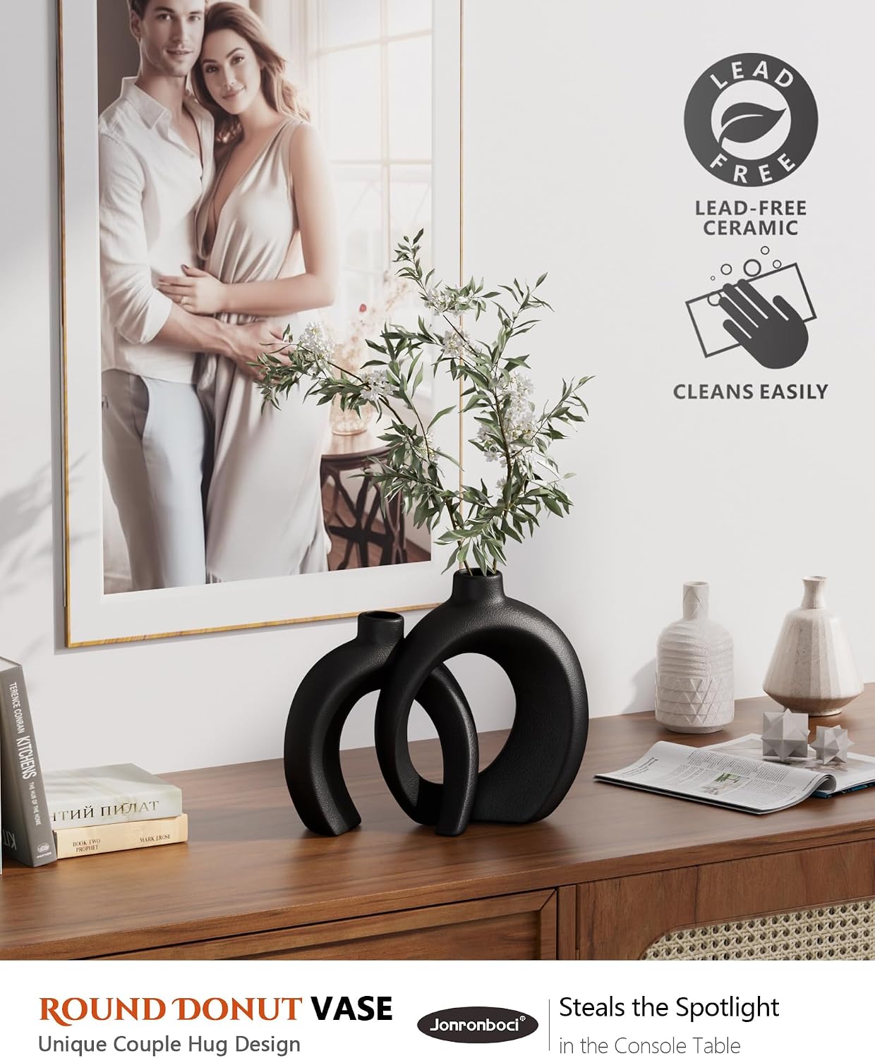 7.2″Hx8.9″H Donut Shape Decorative Vase Set of 2, Ceramic, Modern Minimalism Styles, Flowers or Plant Table Vases for Home Decor Living Room Shelf Entry Console Mantle Dining Centerpiece (Matte White)