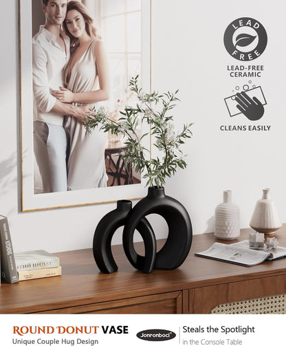 7.2″Hx8.9″H Donut Shape Decorative Vase Set of 2, Ceramic, Modern Minimalism Styles, Flowers or Plant Table Vases for Home Decor Living Room Shelf Entry Console Mantle Dining Centerpiece (Matte White)