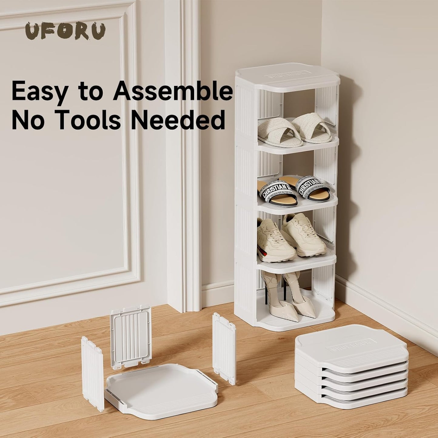 UFORU Small Shoe Rack, 5 Tier Plastic Vertical Shoe Rack for Small and Narrow Spaces, Free Standing Shoe Organizer for Closet, Entryway