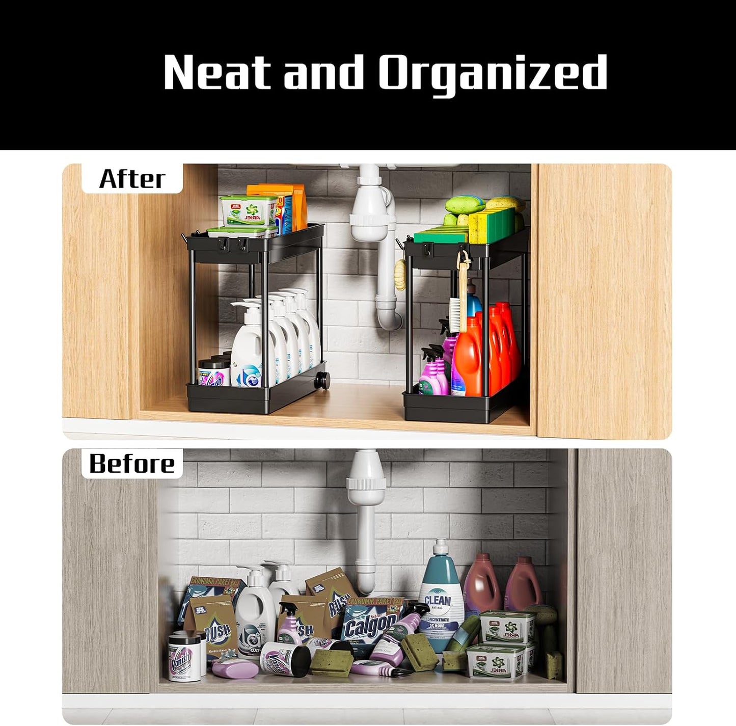 Cicilyna 2 Pack Under Sink Organizer, 2 Tier Bathroom Cabinet Organizers and Storage with Hook, Multi-purpose Storage Basket Shelf for Kitchen, Black
