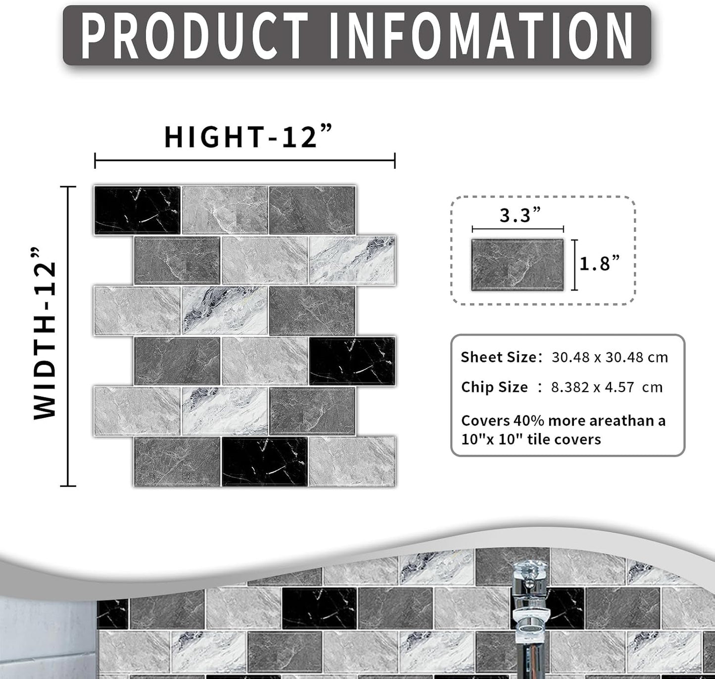 BSABSAQAA 10 Sheets Peel and Stick Backsplash for Kitchen 12"X12" Back Splash Adhesive Subway Wall Tile Sticker for Bathroom on Renter Friendlyn Marble