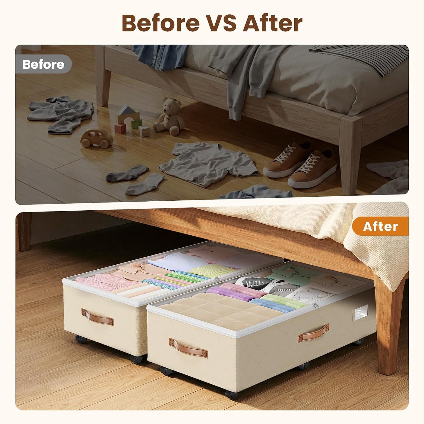 Budding Joy 80L 2 Pack Adjustable Under Bed Storage with Wheels | Underbed containers with clear lids, rolling under bed shoe storage organizer for dorm home clothes, blankets, toys, black