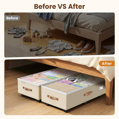 Budding Joy 80L 2 Pack Adjustable Under Bed Storage with Wheels | Underbed containers with clear lids, rolling under bed shoe storage organizer for dorm home clothes, blankets, toys, black