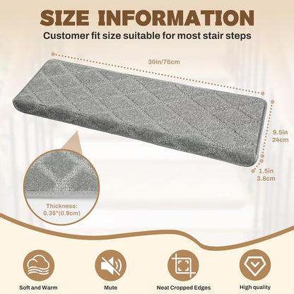 DEXDE Bullnose Stair Treads for Wooden Steps Non-Slip Stair Runner, 14 Pcs | Reusable bullnose carpet Stair Treads Indoor, Peel and Stick Stair Rugs with Edge Protection, Soft Washable, 30"x9.5" Grey