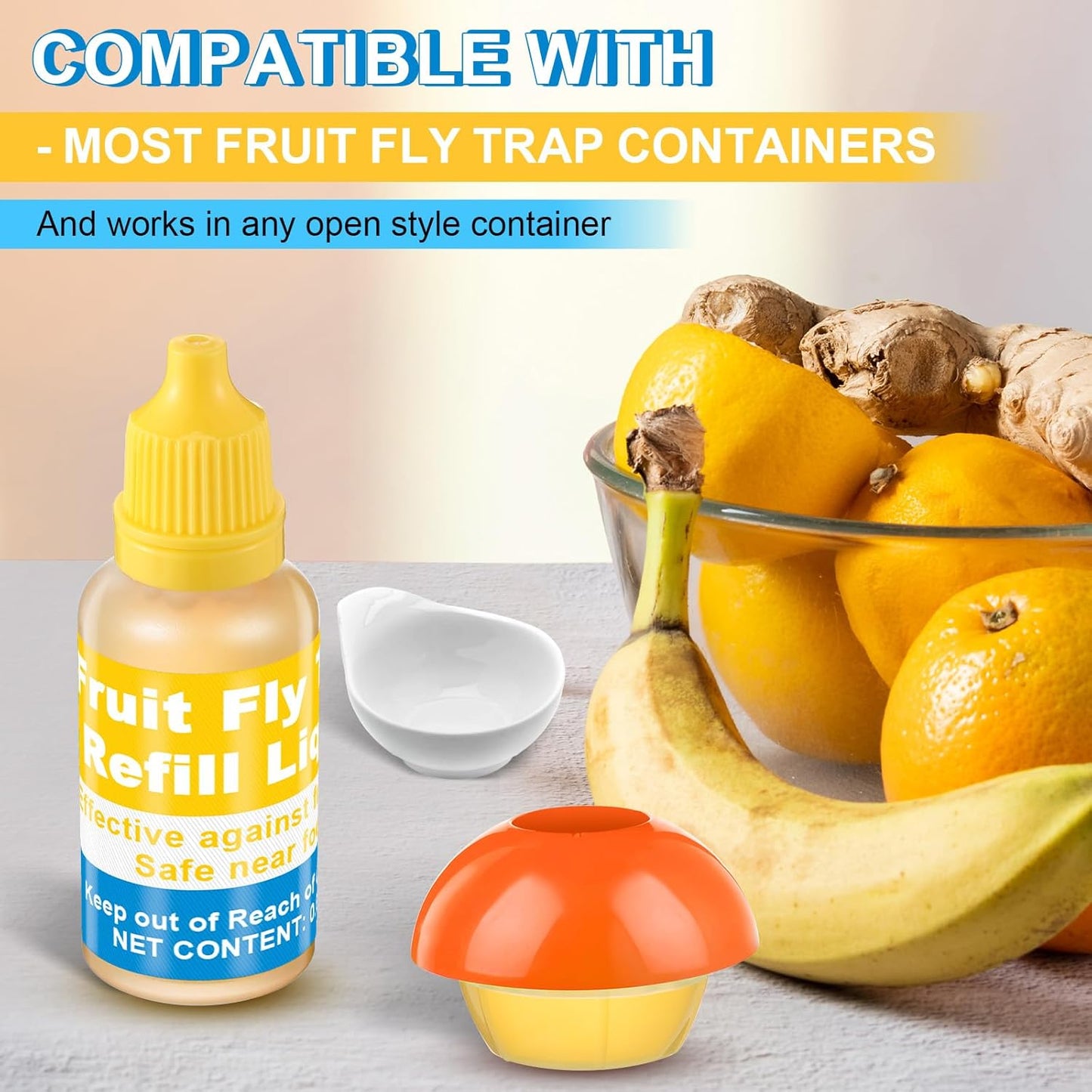 Qualirey Fruit Fly Trap for Indoor and Kitchen Use, 0.68 oz Each Bottle Fruit Fly Trap Refill Liquid, Ready to Use, Safe Near Food, Efficient Lure Refill Liquid, Yellow(12 Pack)