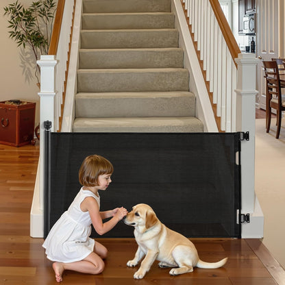 VEVOR Retractable Baby Gate, Extends to 202.7 inch Extra Wide, 39 inch Tall, with Reinforced Fiberglass Strips, Avoids Crawling Through, Mesh Dog Gate for Decks, Doorways, Garages, Indoor, Black