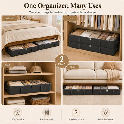 Vailando Side-Supported Under Bed Storage Containers, 6 Inches Tall 60L Underbed Storage Bins with Sturdy Handles and Sidewalls, Closet Organizer for Clothes, Blankets, Seasonal Items, Beige, 2-Pack