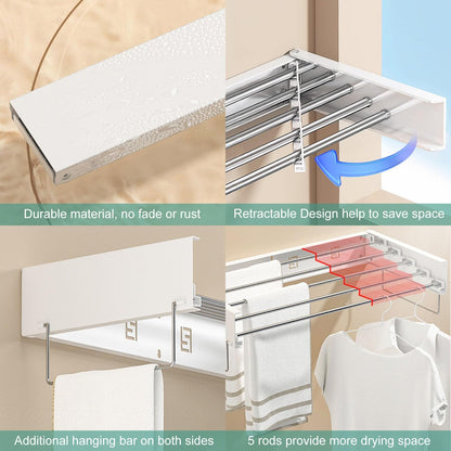 Wall Mounted Laundry Rack, Collapsible Clothes & Towel Drying Rack for Indoor & Outdoor, 40' W x 16.5 L Ft, 60 lb Capacity, White