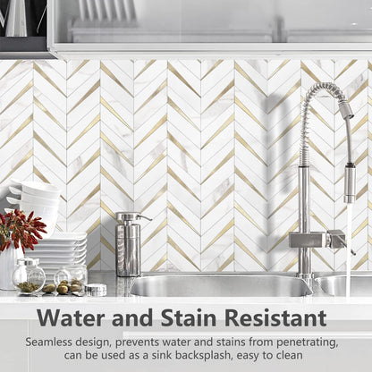 STICKGOO 10-Sheet Herringbone Tile Peel and Stick Backsplash, Beige Mixed Metal Gold PVC Stick on Backsplash, Self Adhesive Wall Tile for Kitchen and Bathroom