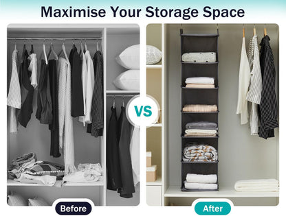 YOUDENOVA Hanging Closet Organizer, 6-Shelf Closet Hanging Shelves, Grey