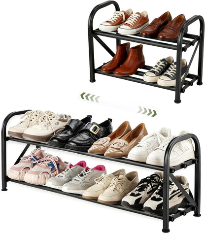 4-Tier Expandable Shoe Rack, Stackable and Adjustable Shoes Organizer Storage Shelf, Sturdy and Durable Metal Structure Free Standing Shoe Rack for Closet Entryway Doorway