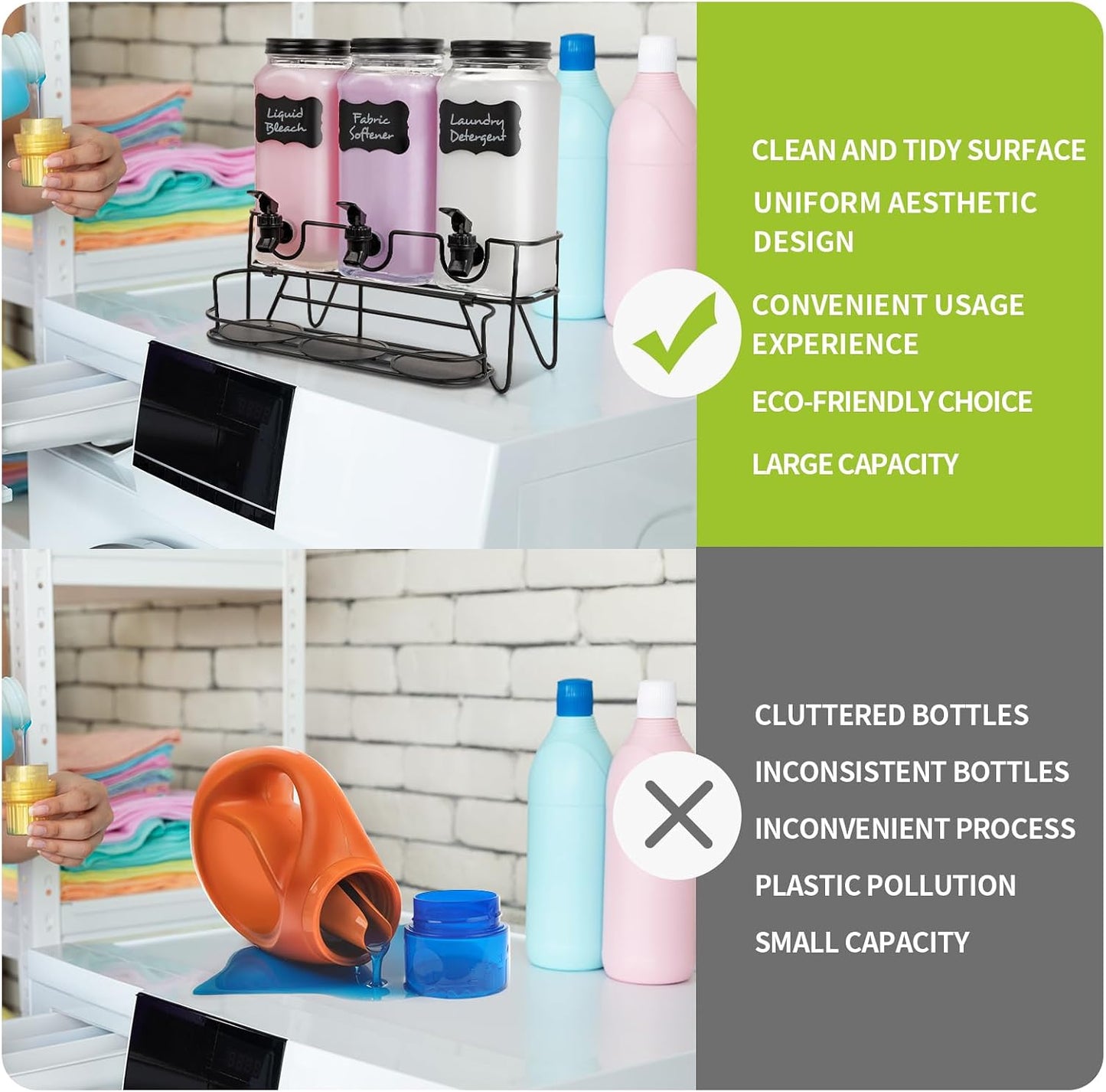 3 Sets 2.2L Liquid Laundry Detergent Dispenser, Glass Laundry Soap Dispenser with Stand, Measuring Cup, Fabric Softener Dispenser for Laundry Room Organization