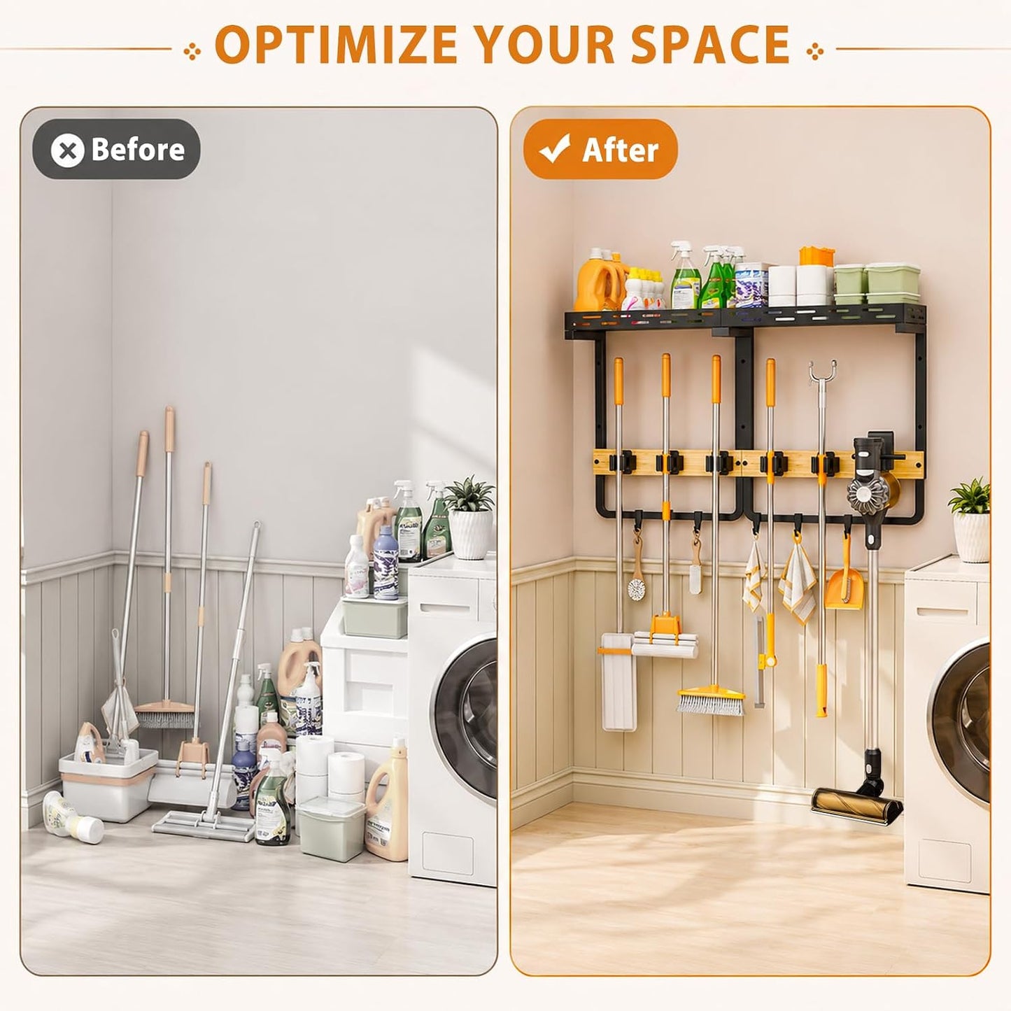 Large Broom Holder Wall Mount with Shelf, Mop Tool Organizer | 5 grippers, 6 hooks, vacuum slot, bamboo board, spray bottle tray, garage utility use