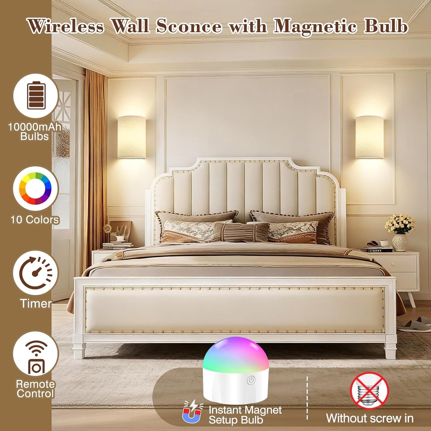 Battery Operated Wall Sconce Set of Two: 10000mAh Wireless Wall Light with Rechargeable Magnetic Bulb - Dimmable Wall Lamp with 7 RGB Colors - Linen Shade Sconces with Remote for Bedroom Living Room