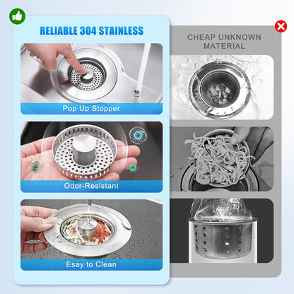 Kitchen Sink Drain Strainer 3-in-1,Pop-Up Stopper & Anti-Clogging Basket - 304 Stainless Steel Sink Strainer Anti-Clogging Sink Drain Strainer for US Standard Kitchen Drain