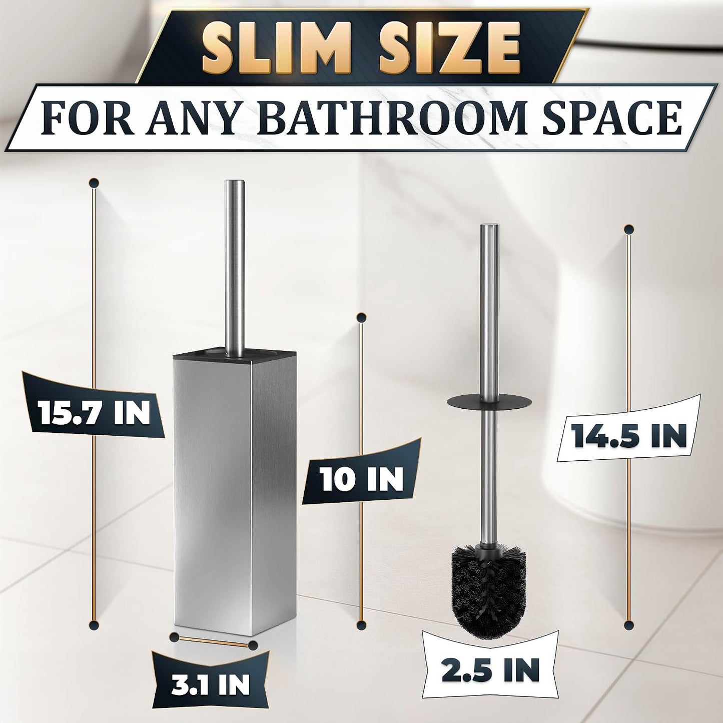 Black Toilet Brush and Holder Set - Slim Matte Design that Fits Anywhere - Stainless Steel Toilet Bowl Brush and Holder with 2 Rounded Corners, Replaceable Head, Removable Inner Bowl & Splash Guard