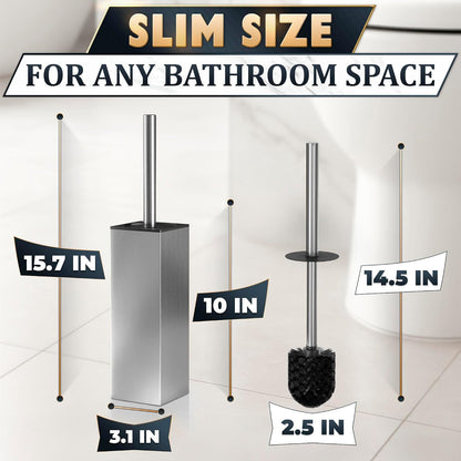 Black Toilet Brush and Holder Set - Slim Matte Design that Fits Anywhere - Stainless Steel Toilet Bowl Brush and Holder with 2 Rounded Corners, Replaceable Head, Removable Inner Bowl & Splash Guard