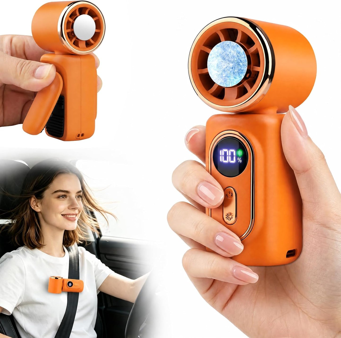 Clip-On Portable Fan with Ice Cooling, 5 Speeds Rechargeable Handheld Mini Fan with LED Display, 180° Portable Turbo Fan for Stroller, Eye Lash, Travel, Concert, Beach, Gifts for Women (White)