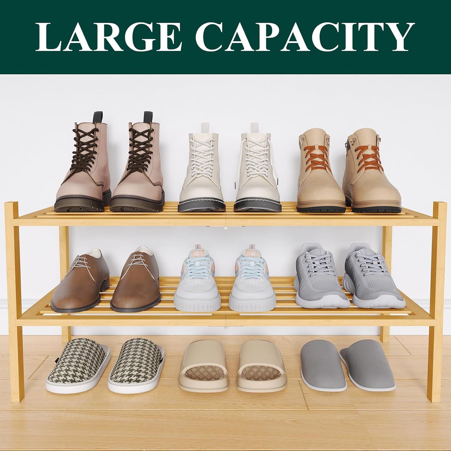 Smiry Bamboo Shoe Rack, 3 Tier Free Standing Wooden Shoe Organizer, Stackable Wood Shoe Storage Shelf for Closet, Entryway, 5 Horizontal Slats, 26.8"x11"x18.3", Natural