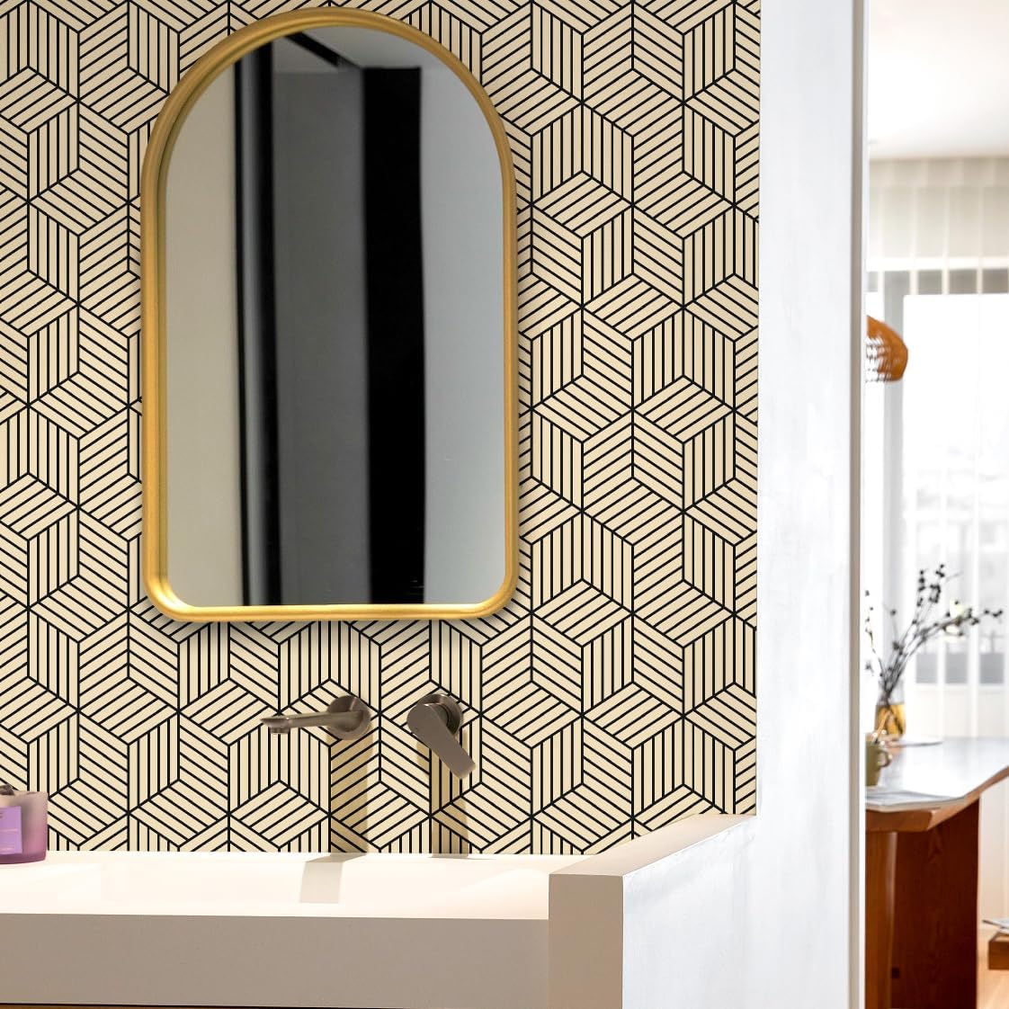MelunMer Geometric Peel and Stick Wallpaper Gold 118In L 17.7In W Self Adhesive Removable Wallpaper for Bedroom/Bathroom Waterproof Modern Contact Paper for Cabinets Gold Contact Paper Shelf Liner