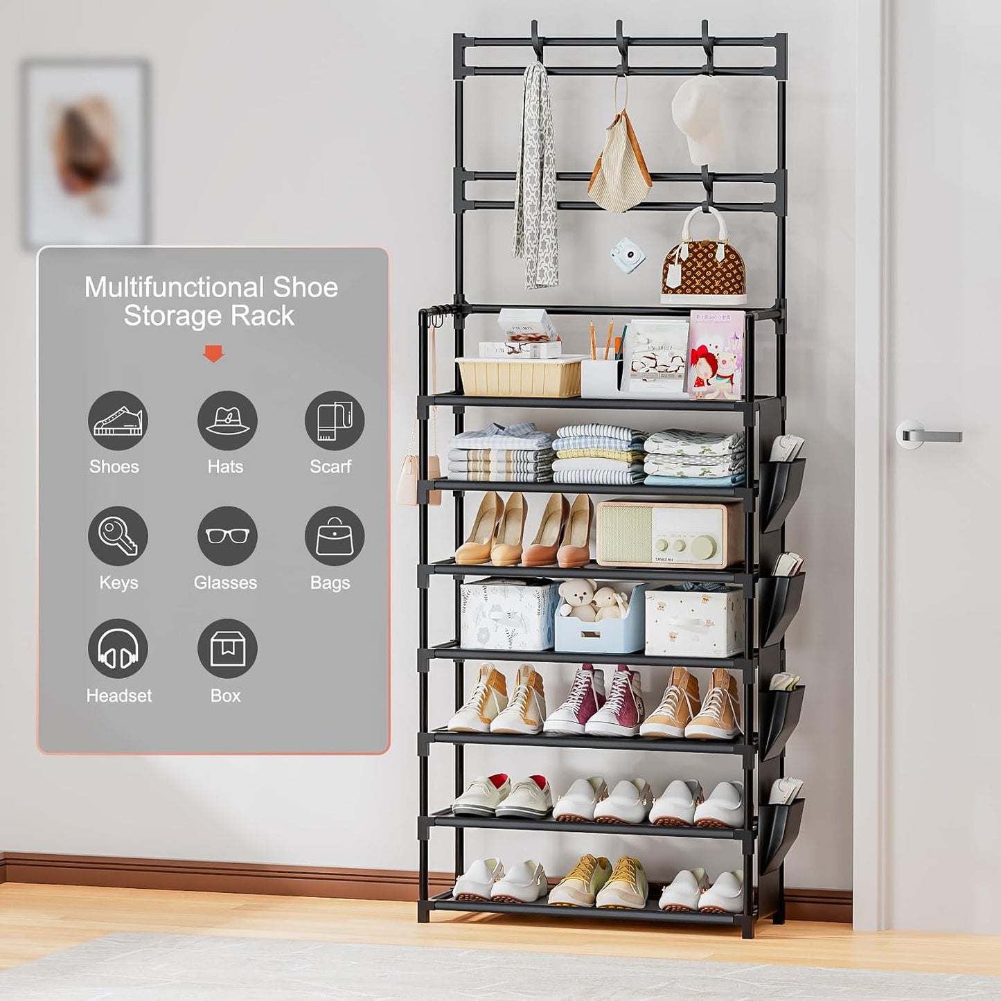 OYREL Shoe Rack 5 Tier Shoe Organizer Storage 15-20 Pairs Shoes Rack for Closet Entrance Shoe Rack Organizer with Hooks and Side Pocket Entryway Shoe Holder Space Saving Free Standing Shoe Racks