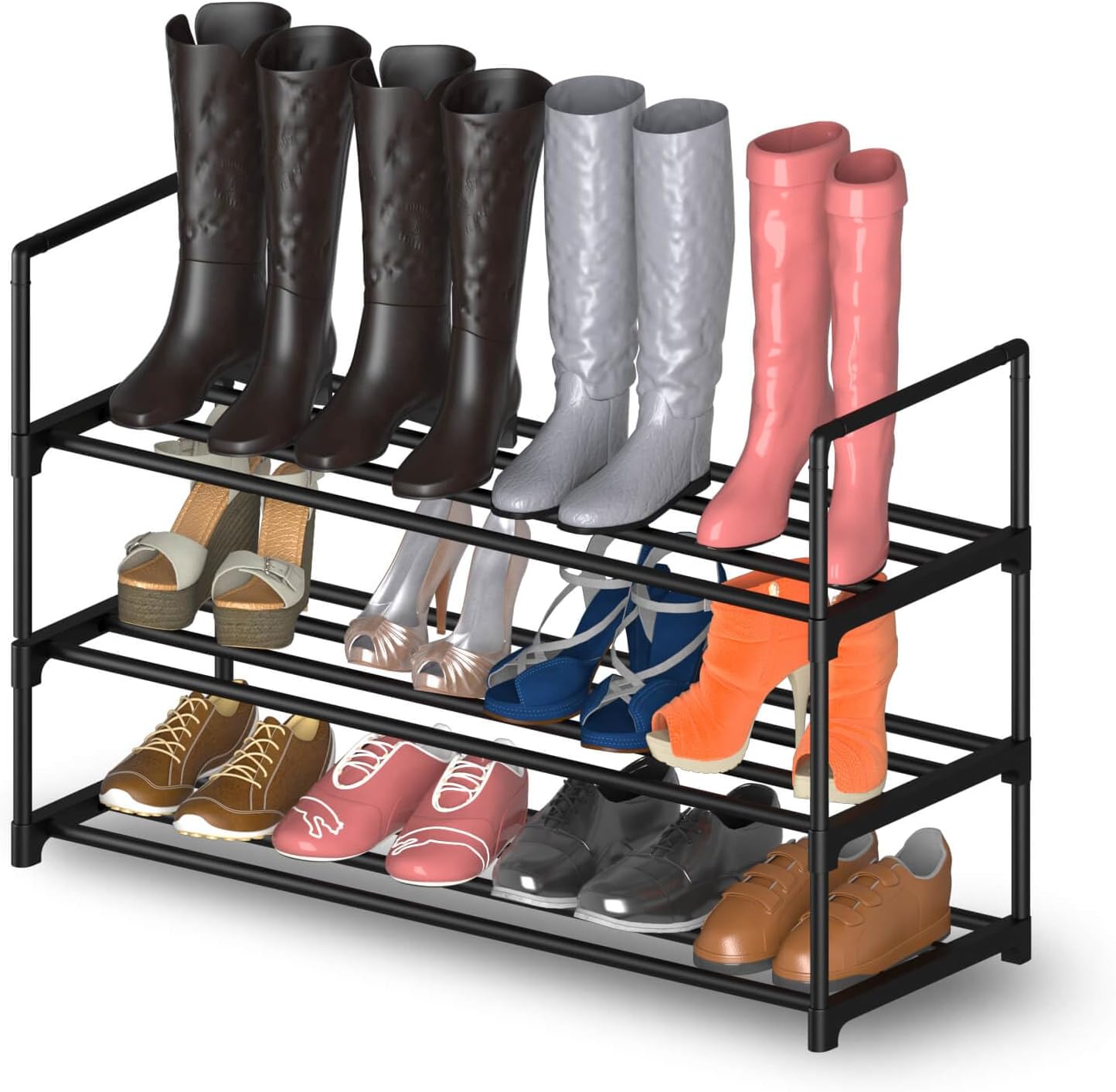 Hsscblet 5 Tiers Metal Shoe Rack,Adjustable Shoe Shelf Storage Organizer with Hooks,Stackable Boot & Shoe Storage,for Entryway,Hallway,Closet,Black