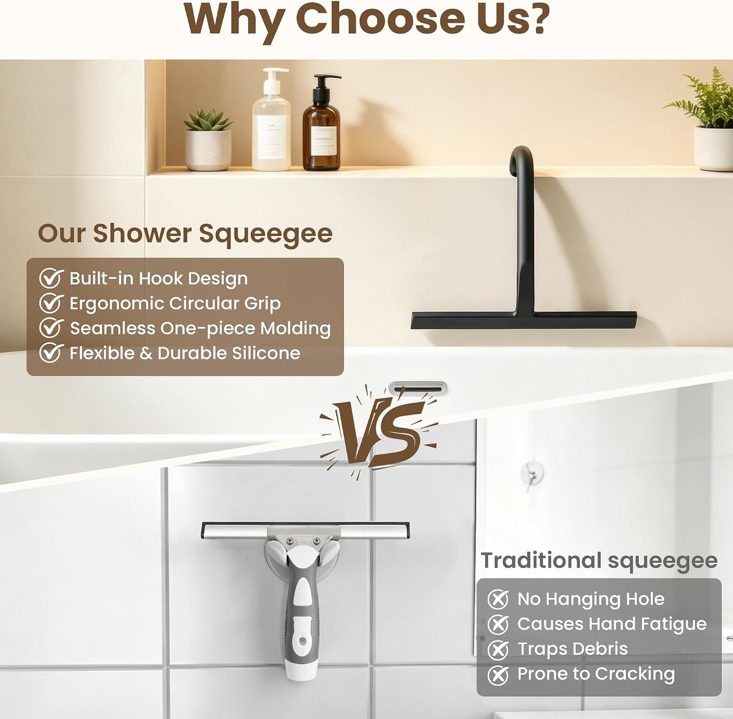 Shower Squeegee for Glass Doors - 10 Inch Bathroom Squeegee with Ergonomic Round Grip, Built-in Hook, Streak-Free No-Squeak Silicone Blade for Shower Glass, Tile Walls, Mirrors & Windows, Black