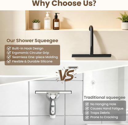 Shower Squeegee for Glass Doors - 10 Inch Bathroom Squeegee with Ergonomic Round Grip, Built-in Hook, Streak-Free No-Squeak Silicone Blade for Shower Glass, Tile Walls, Mirrors & Windows, Black