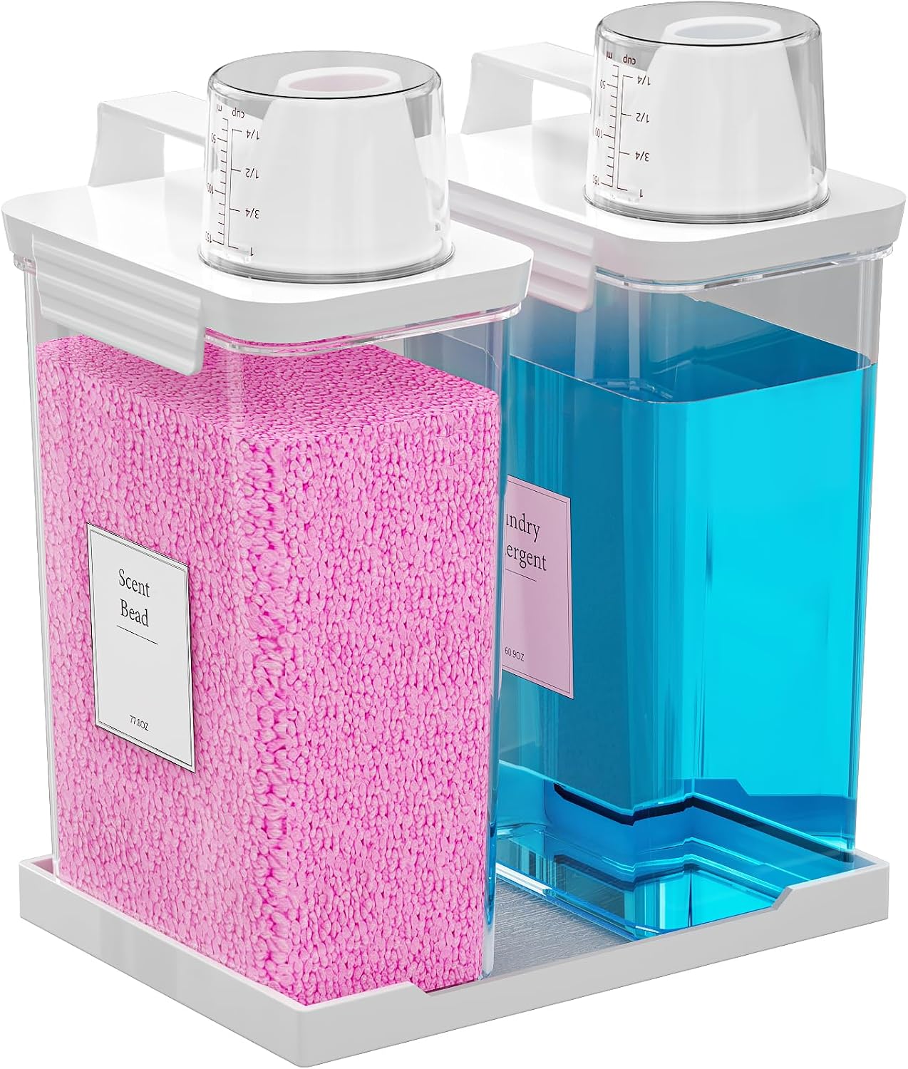 61OZ Laundry Detergent Dispenser Container, 2 Pack Liquid Laundry Dispenser, Plastic Detergent Dispensers for Laundry Powder/Fabric Softener with Tray 6 Labels, Clear