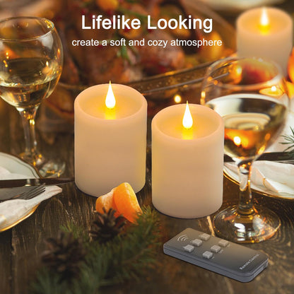 Flickering Flameless Candles with 3D Moving Flame, Real Wax Battery Operated Candles with Timer and Remote, Last 600+ Hours, 3" x 3" LED Fake Candles for Home Wedding Christmas Decor, 2 Pack