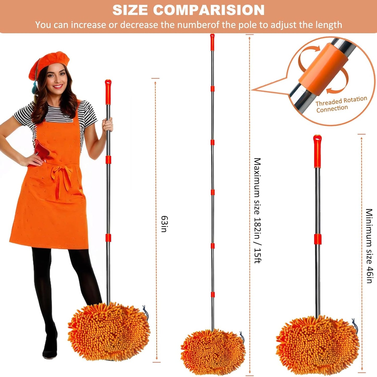 Wall Cleaner, Max 13 Ft+ Wall Mop with Long Handle, Ceiling Dust Mop with 15° Labor-Saving Elbow Extension Pole, Baseboard Duster Washer Scrubber, High Reach Window Cleaning Brush, Roof Cleaning Tool