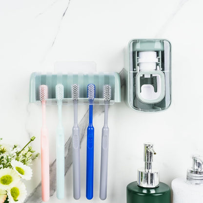 5 Slots Wall Mount Toothbrush Holder with Cover, Self Adhesive Toothbrush Storage Organizer for Shower, Toothbrush Hanger with Automatic Toothpaste Squeezer Dispenser