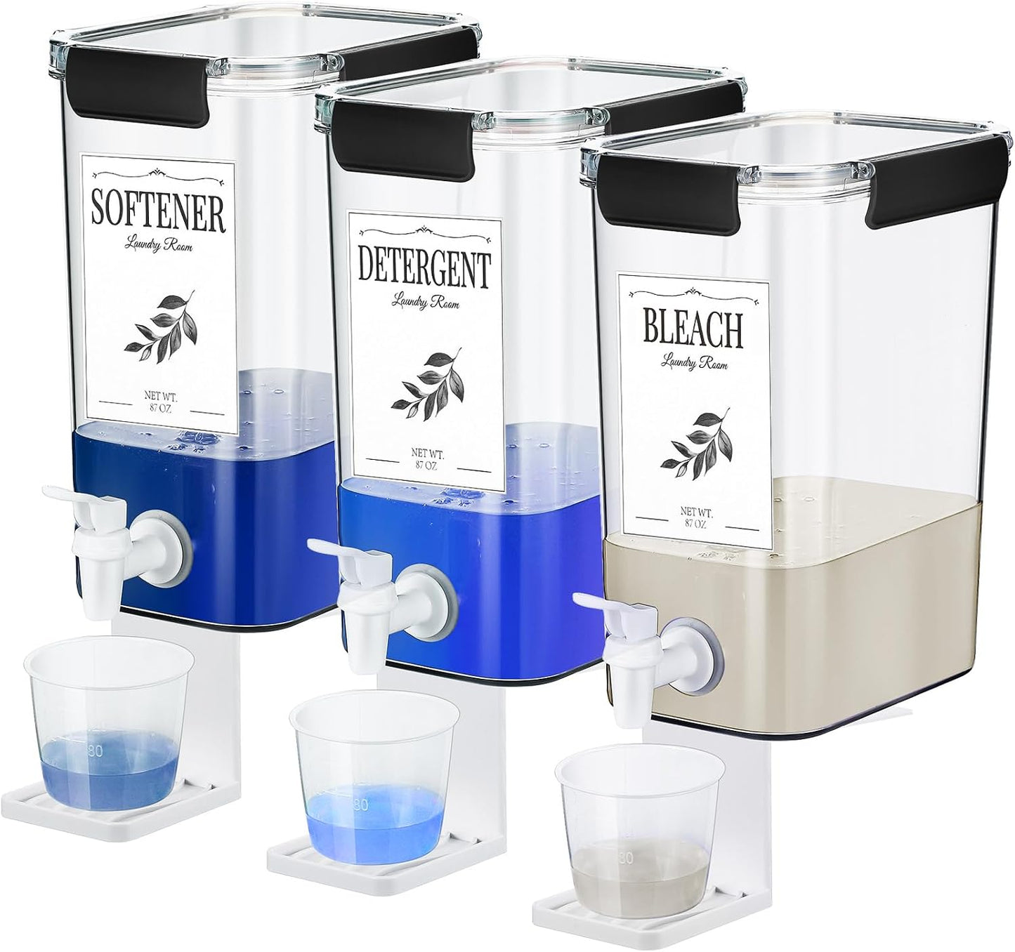 Soaoo 3 Set 67.6 oz Liquid Laundry Detergent Dispenser with Faucet and Cup Holder Labels Plastic Fabric Softener Container Detergent Drip Catcher for Laundry Room Washing Soap