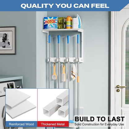 Broom Holder Wall Mount with Cleaning Supplies Organizer, Laundry Room Organization and Storage Shelf with Mop Hanger Rack Gripper Hooks, Utility Shelf Closet Organizer Floating Shelves for Garage