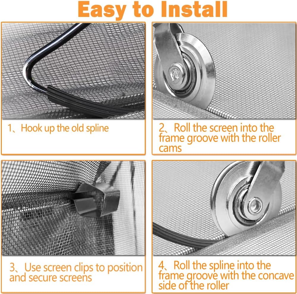 Screen Repair kit, Screen Roller Tool, Steel Roller with Bear+32ft Screen Spline+Removal Hook, 3 in 1 Window Screen Door Repair Kit,for Installing Door Window Mesh