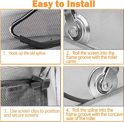 Screen Repair kit, Screen Roller Tool, Steel Roller with Bear+32ft Screen Spline+Removal Hook, 3 in 1 Window Screen Door Repair Kit,for Installing Door Window Mesh