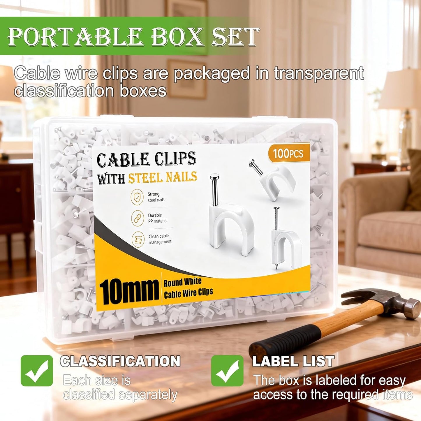 mxuteuk 630PCS Cable Clips with Steel Nails,4/5/6/8/10mm Round and 5/6mm Square White Cable Wire Clips,Wall Clips for Cords,Cable Cord Clips for RG6 RG59 CAT6 RJ45